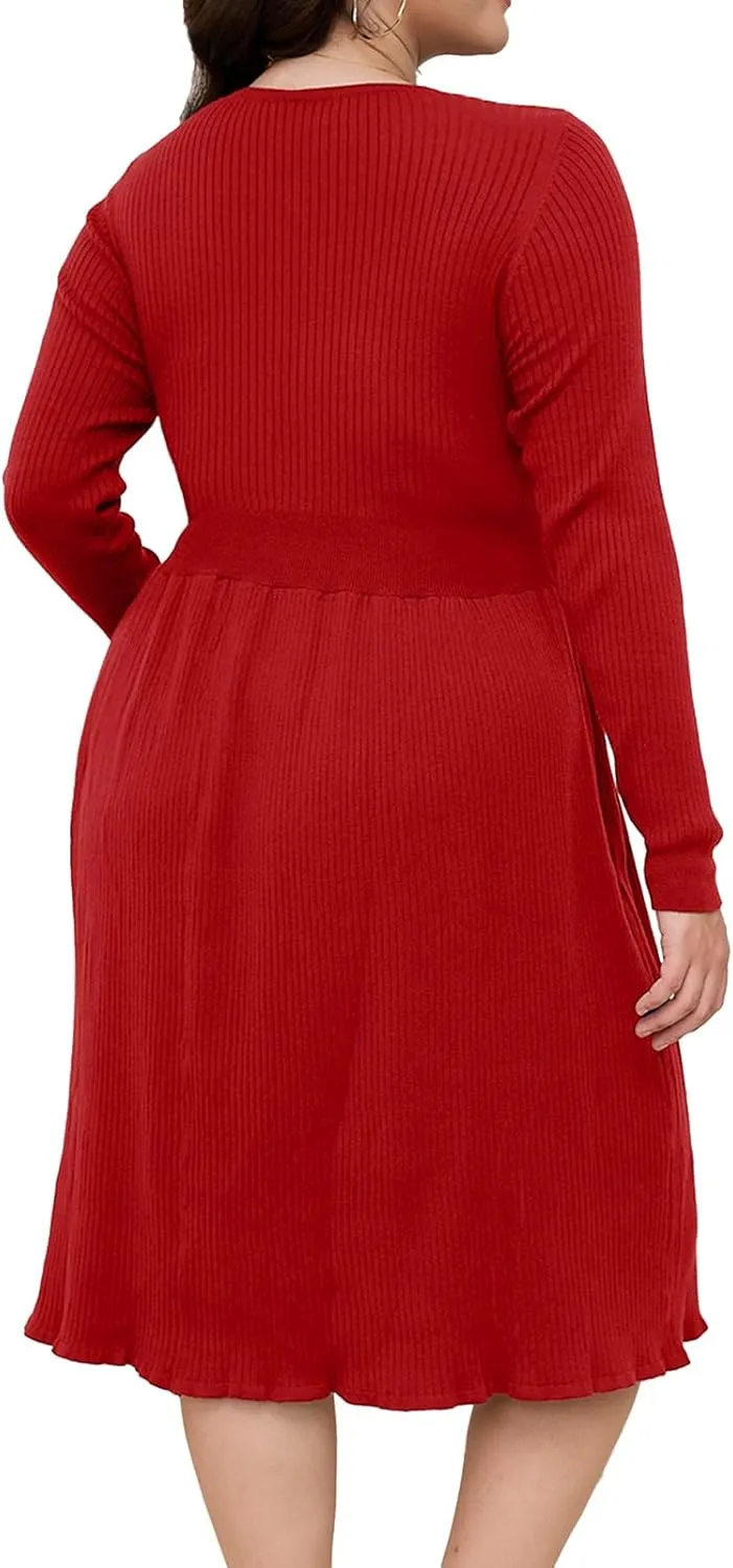 Womens Plus Size Sweater Dress Long Sleeve V Neck Wrap Tie Waist A-Line Casual Ribbed Knit Fall Winter Midi Dress
