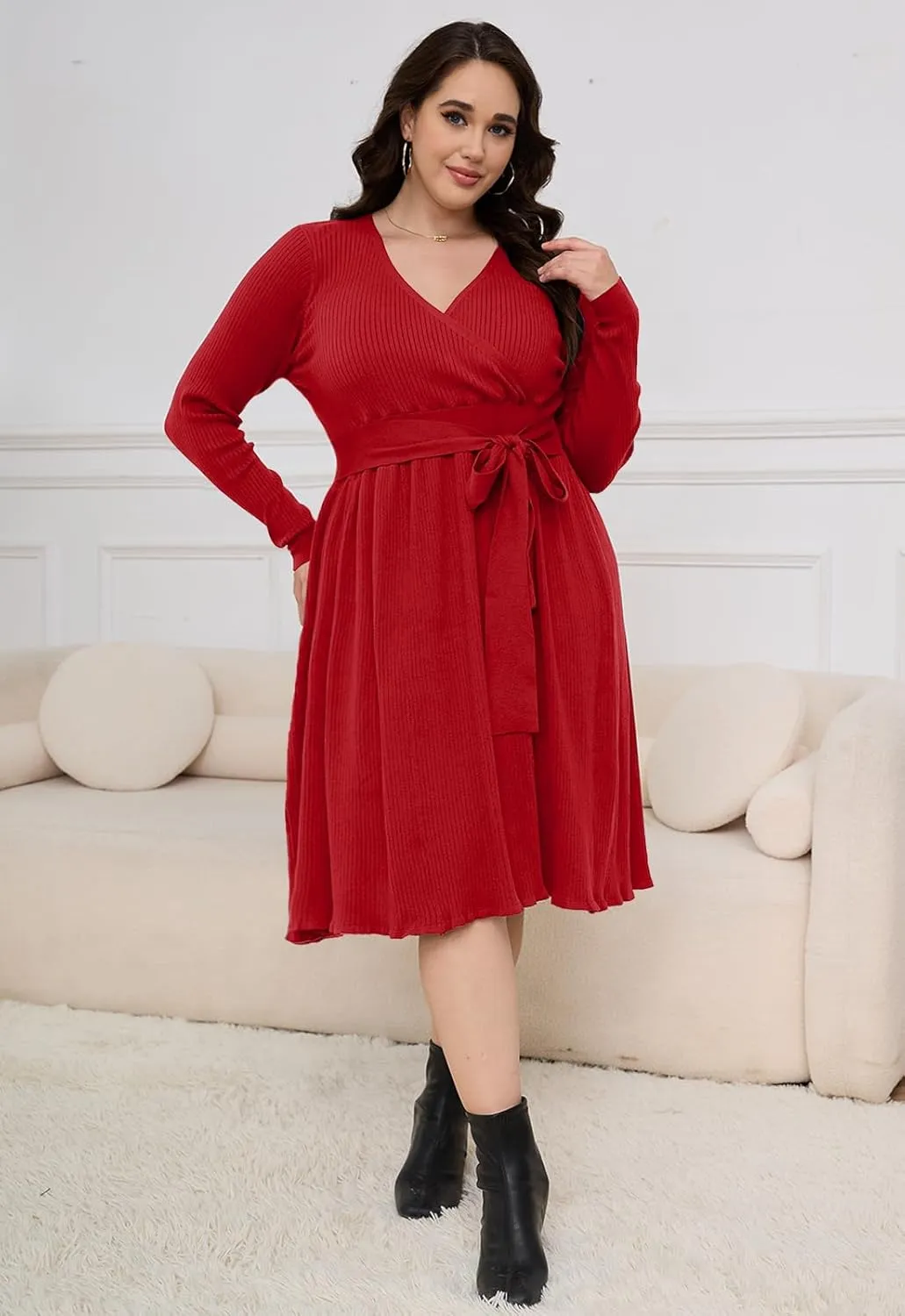 Womens Plus Size Sweater Dress Long Sleeve V Neck Wrap Tie Waist A-Line Casual Ribbed Knit Fall Winter Midi Dress