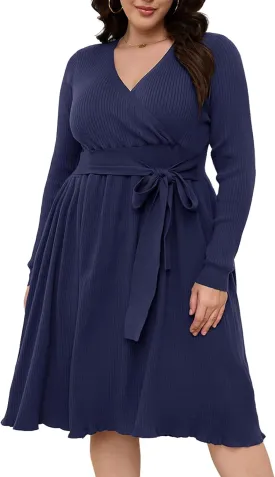 Womens Plus Size Sweater Dress Long Sleeve V Neck Wrap Tie Waist A-Line Casual Ribbed Knit Fall Winter Midi Dress