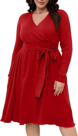 Womens Plus Size Sweater Dress Long Sleeve V Neck Wrap Tie Waist A-Line Casual Ribbed Knit Fall Winter Midi Dress