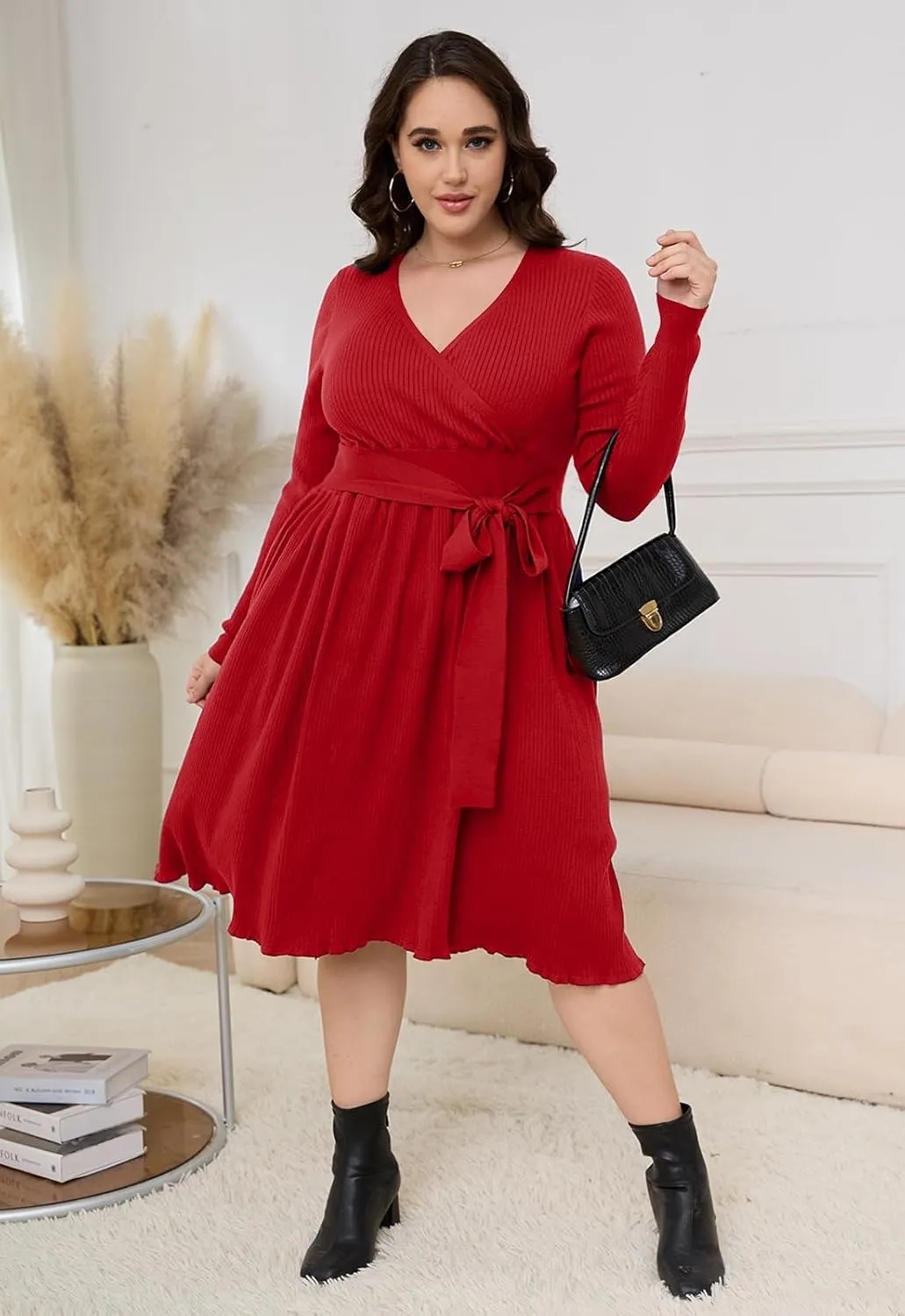 Womens Plus Size Sweater Dress Long Sleeve V Neck Wrap Tie Waist A-Line Casual Ribbed Knit Fall Winter Midi Dress