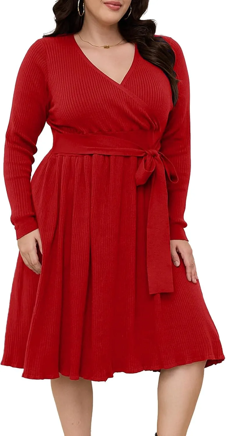 Womens Plus Size Sweater Dress Long Sleeve V Neck Wrap Tie Waist A-Line Casual Ribbed Knit Fall Winter Midi Dress