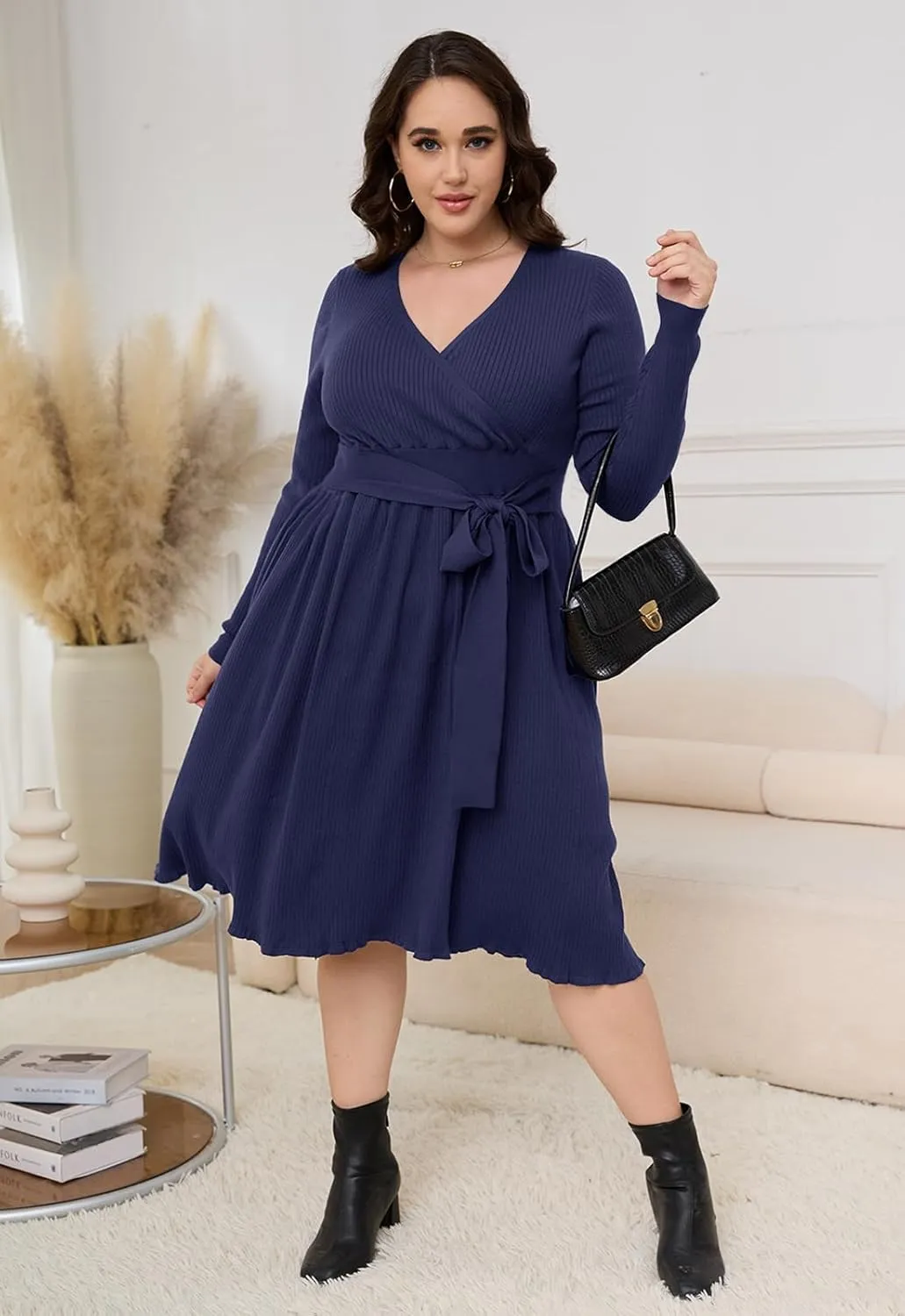 Womens Plus Size Sweater Dress Long Sleeve V Neck Wrap Tie Waist A-Line Casual Ribbed Knit Fall Winter Midi Dress