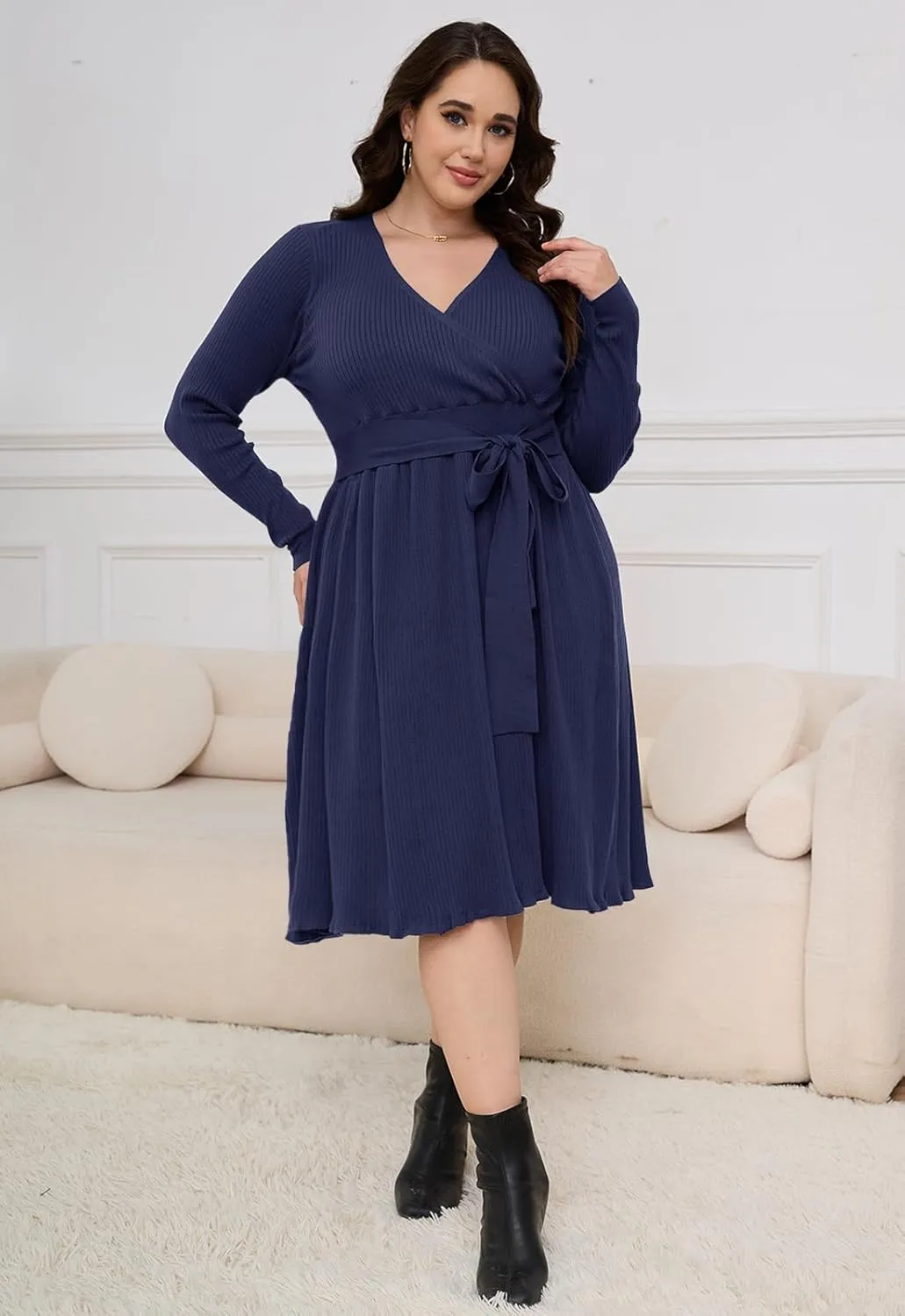 Womens Plus Size Sweater Dress Long Sleeve V Neck Wrap Tie Waist A-Line Casual Ribbed Knit Fall Winter Midi Dress