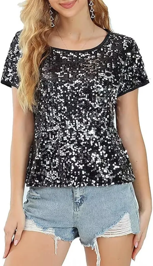 Women's Sparkly Sequin Top Round Neck Disco Party Shirt Short Sleeve Clubwear Blouse