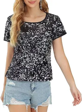 Women's Sparkly Sequin Top Round Neck Disco Party Shirt Short Sleeve Clubwear Blouse