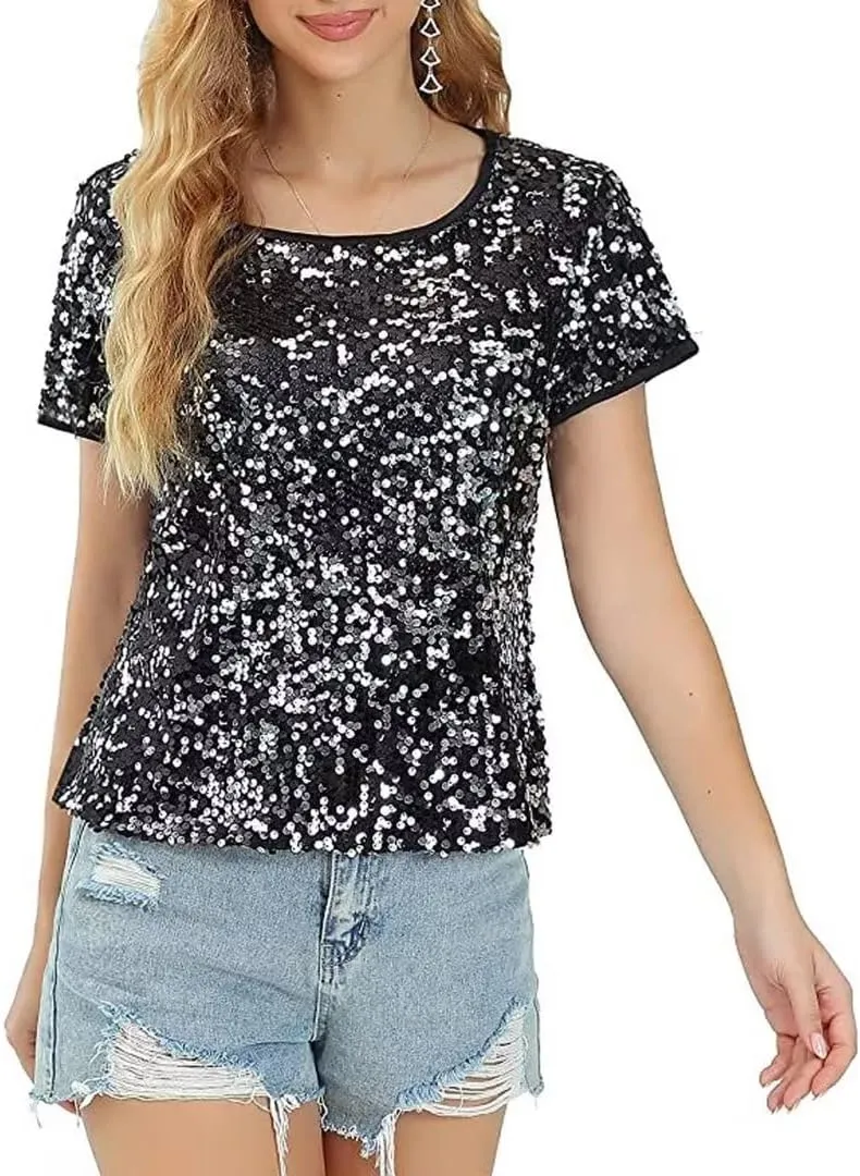 Women's Sparkly Sequin Top Round Neck Disco Party Shirt Short Sleeve Clubwear Blouse