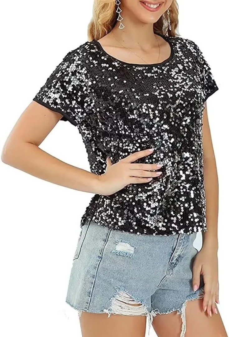 Women's Sparkly Sequin Top Round Neck Disco Party Shirt Short Sleeve Clubwear Blouse