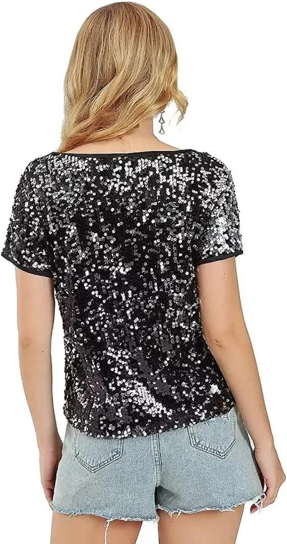 Women's Sparkly Sequin Top Round Neck Disco Party Shirt Short Sleeve Clubwear Blouse