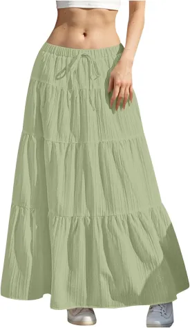 Women's Summer Boho Maxi Skirt Tiered Ruffle A-Line 2025 Fashion Elastic High Waist Skirts Pleated Swing Beachwear