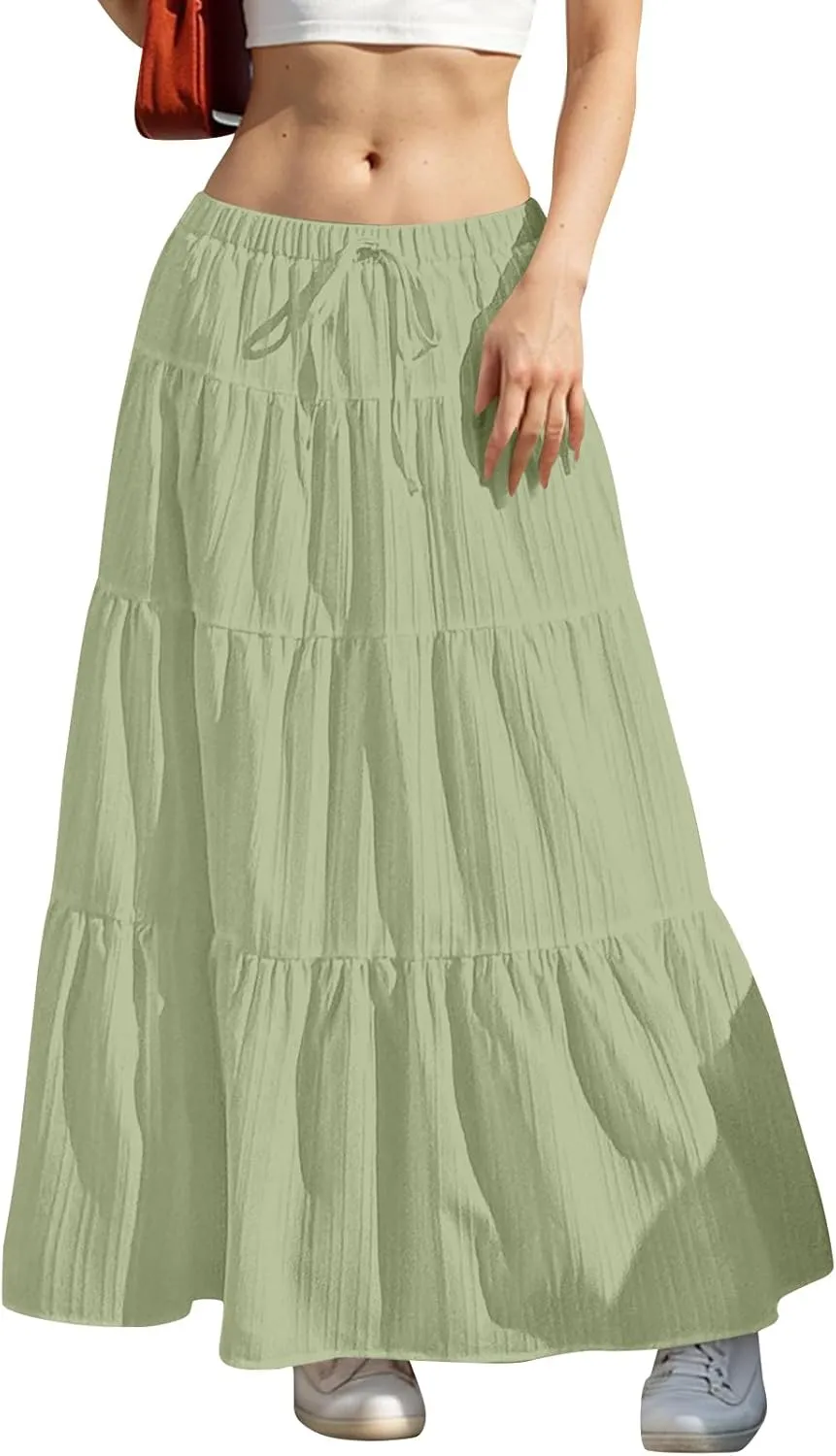 Women's Summer Boho Maxi Skirt Tiered Ruffle A-Line 2025 Fashion Elastic High Waist Skirts Pleated Swing Beachwear