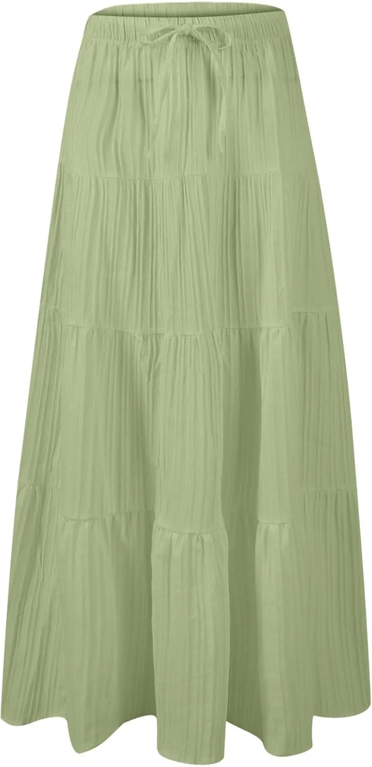 Women's Summer Boho Maxi Skirt Tiered Ruffle A-Line 2025 Fashion Elastic High Waist Skirts Pleated Swing Beachwear