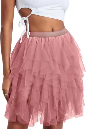 Women's Tulle Mini Skirt Ruffled Mesh Puffy Ballet Tutu Skirts 50s Carnival Party Elastic Waist Short Underskirts