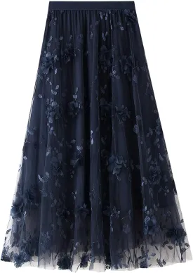 Women's Tulle Skirts 3D Floral Embroidery Lace Layered Elastic High Waist Tutu Midi Skirt Pleated Mesh A-Line Skirt