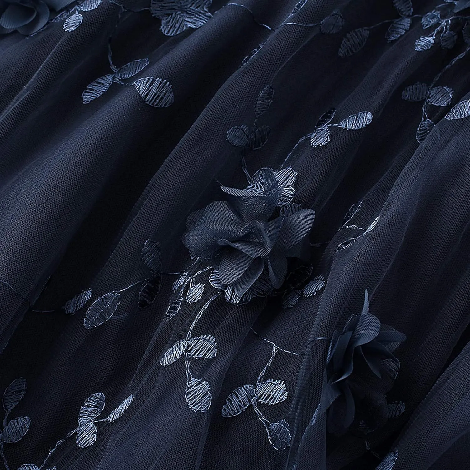 Women's Tulle Skirts 3D Floral Embroidery Lace Layered Elastic High Waist Tutu Midi Skirt Pleated Mesh A-Line Skirt