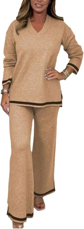 Women's V-Neck Soft Knit Border Edge Trouser Co-Ord, Knit Sets Two Piece for Women, 2 Piece Outfits Sweater Sets