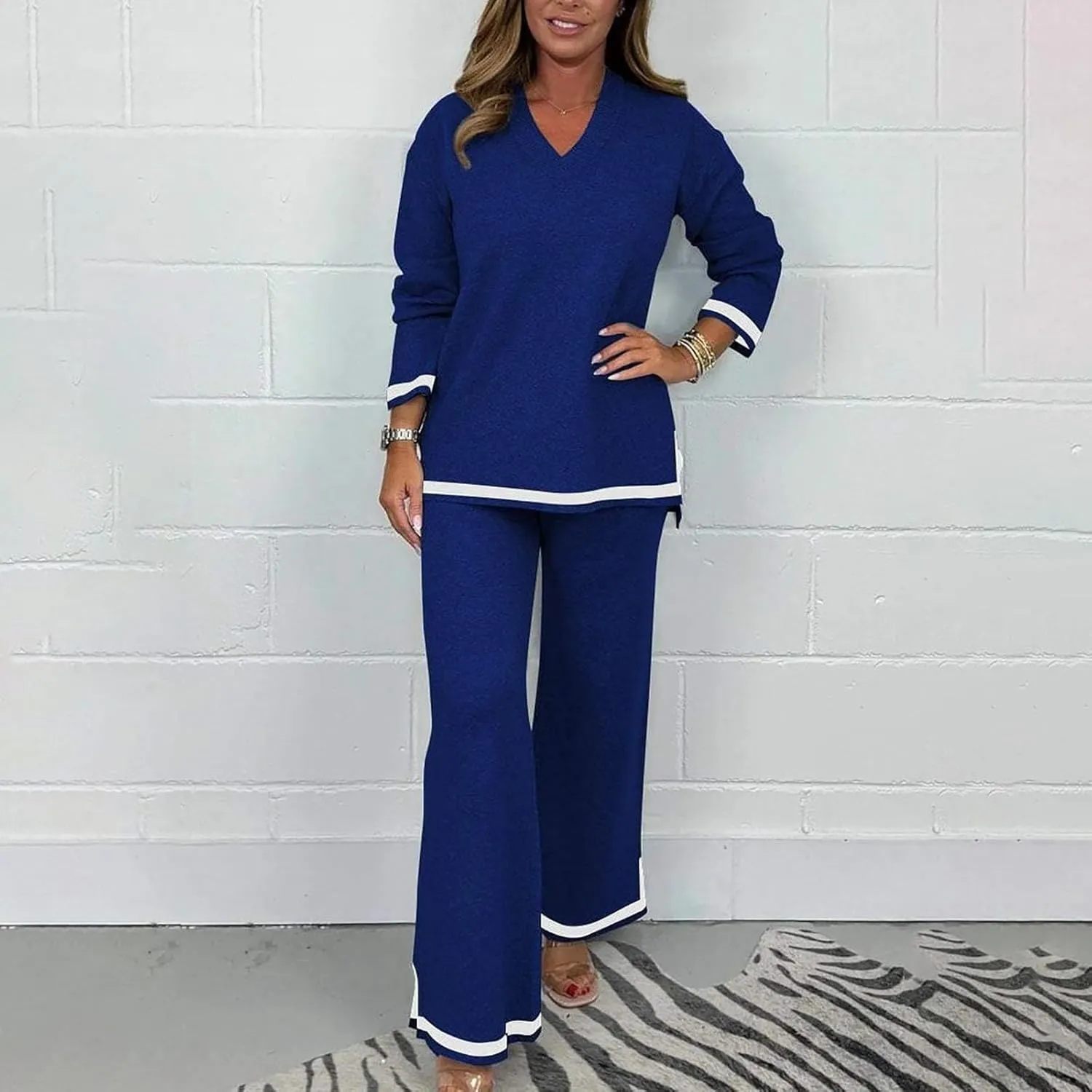 Women's V-Neck Soft Knit Border Edge Trouser Co-Ord, Knit Sets Two Piece for Women, 2 Piece Outfits Sweater Sets