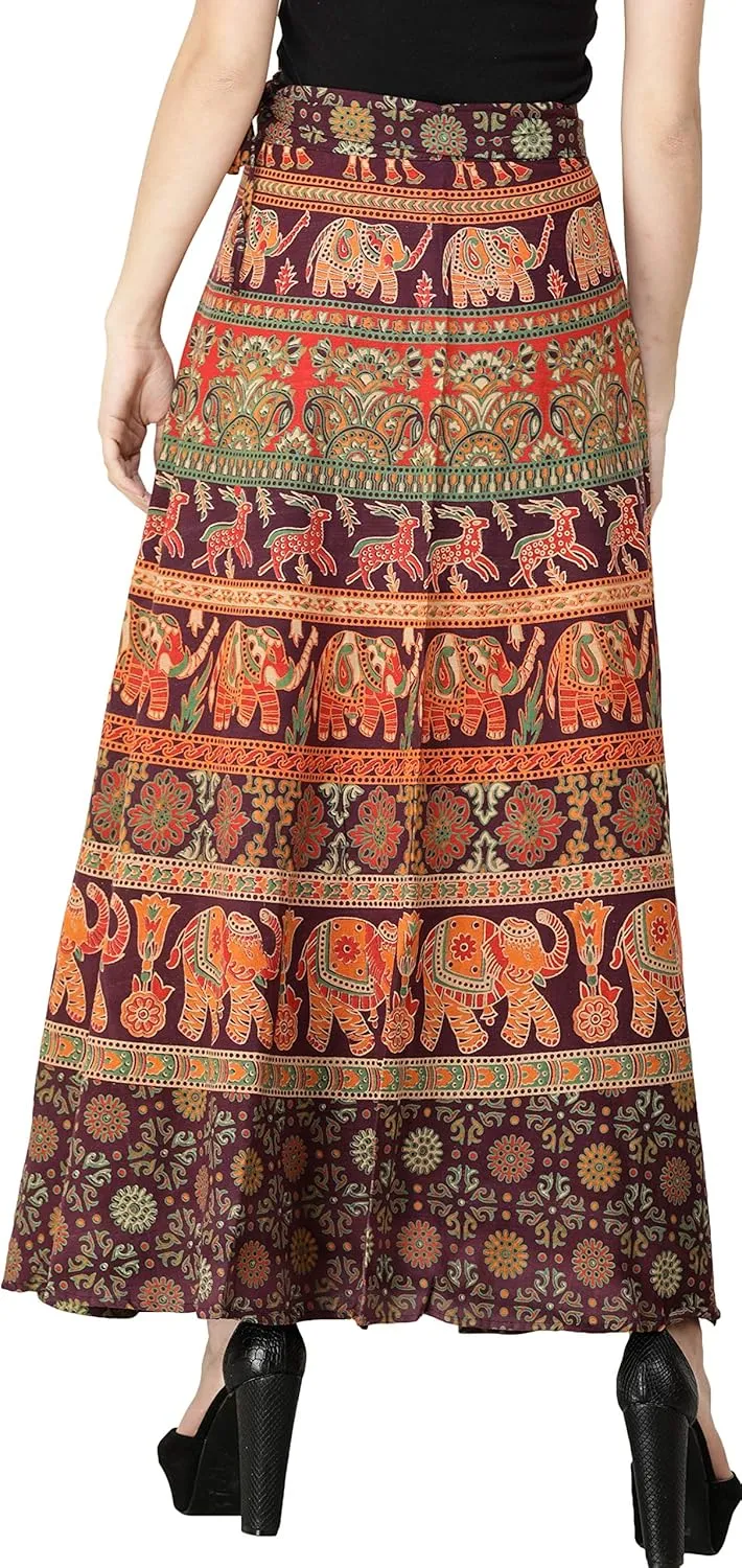 Wrap-Around Long Skirt with Printed Elephants and Deer