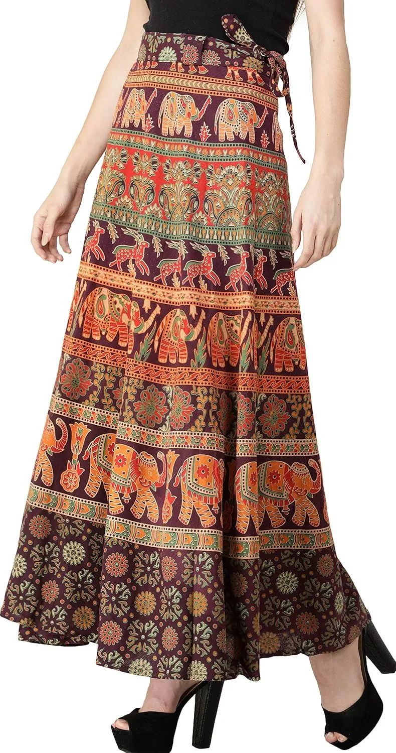 Wrap-Around Long Skirt with Printed Elephants and Deer