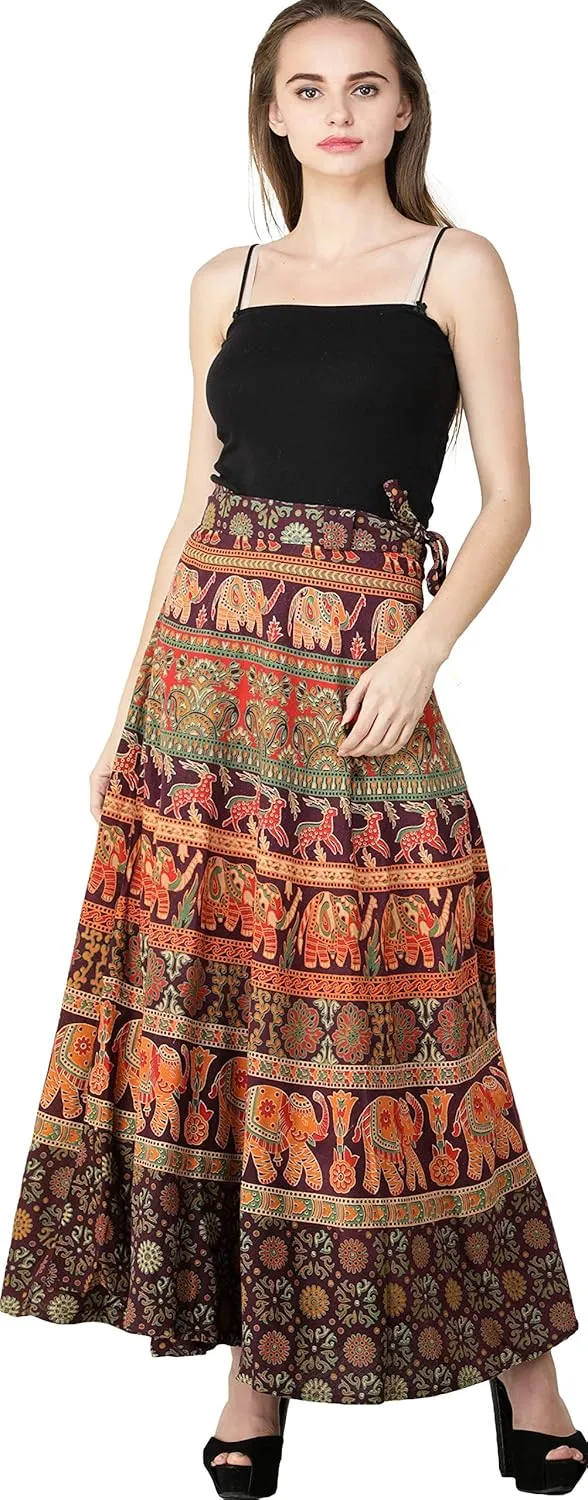 Wrap-Around Long Skirt with Printed Elephants and Deer