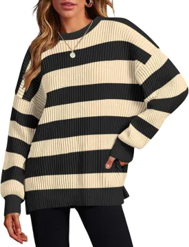 Zeagoo Women 2024 Winter Oversized Sweater Crew Neck Long Sleeve Color Block Pullover Rib Knit Blouse Tops XS-2XL