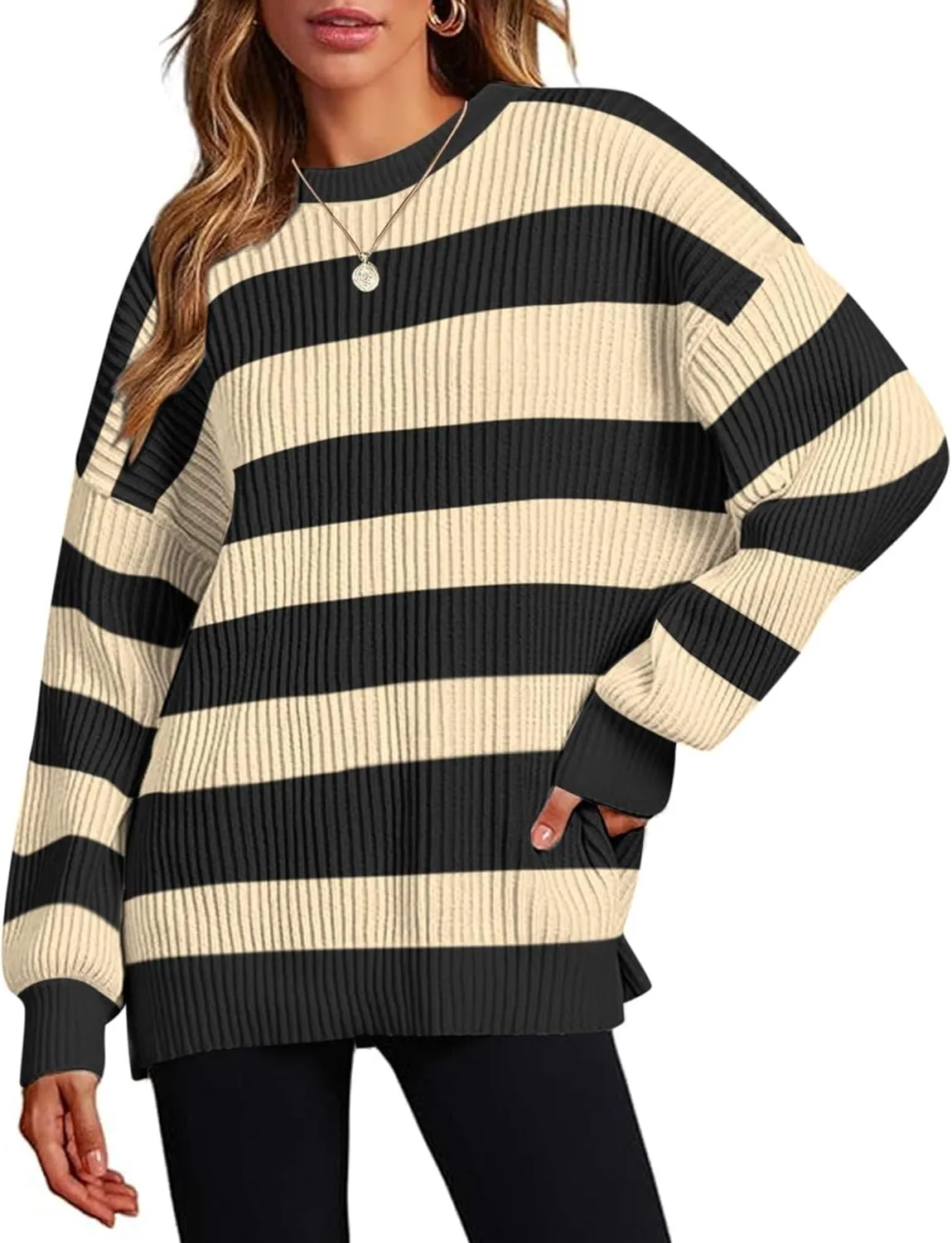 Zeagoo Women 2024 Winter Oversized Sweater Crew Neck Long Sleeve Color Block Pullover Rib Knit Blouse Tops XS-2XL