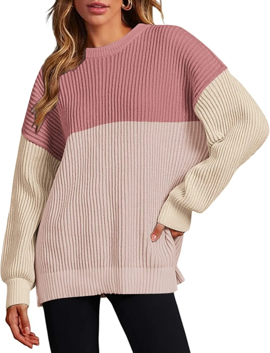 Zeagoo Women 2024 Winter Oversized Sweater Crew Neck Long Sleeve Color Block Pullover Rib Knit Blouse Tops XS-2XL