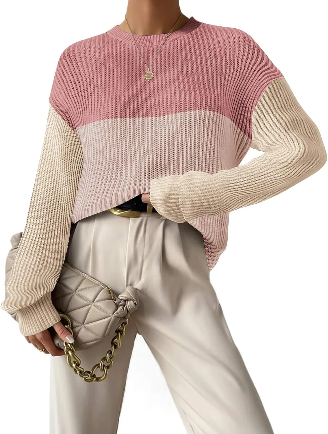 Zeagoo Women 2024 Winter Oversized Sweater Crew Neck Long Sleeve Color Block Pullover Rib Knit Blouse Tops XS-2XL