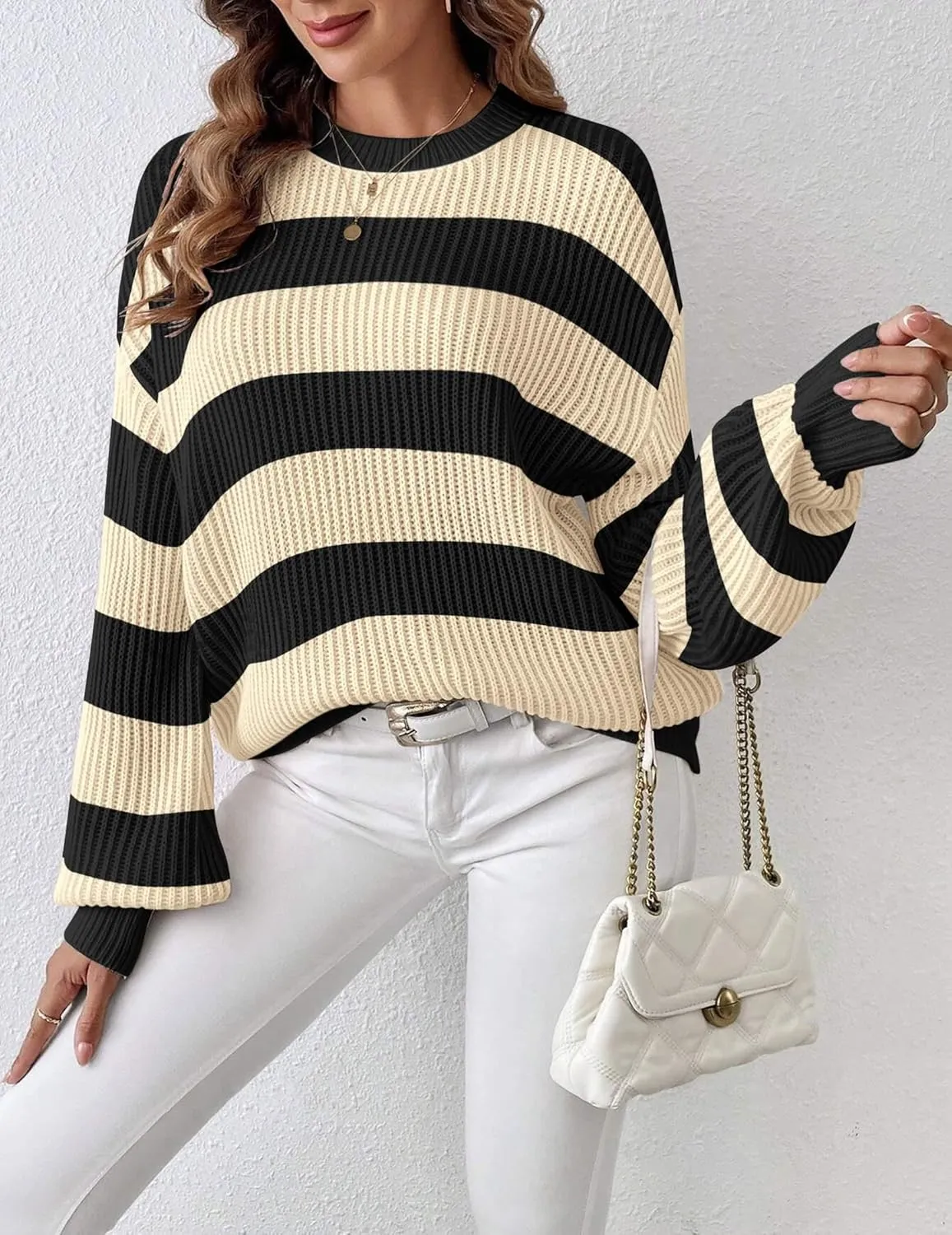 Zeagoo Women 2024 Winter Oversized Sweater Crew Neck Long Sleeve Color Block Pullover Rib Knit Blouse Tops XS-2XL