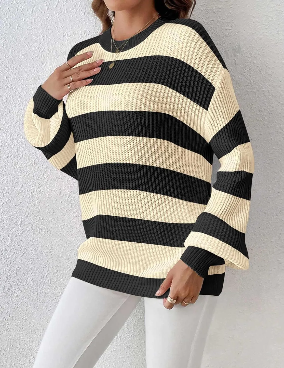 Zeagoo Women 2024 Winter Oversized Sweater Crew Neck Long Sleeve Color Block Pullover Rib Knit Blouse Tops XS-2XL
